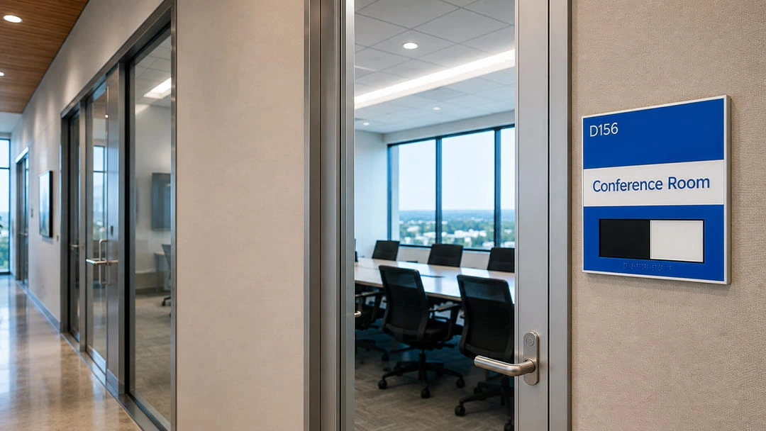 ADA-compliant tactile conference room sign with Braille mounted beside office meeting room door