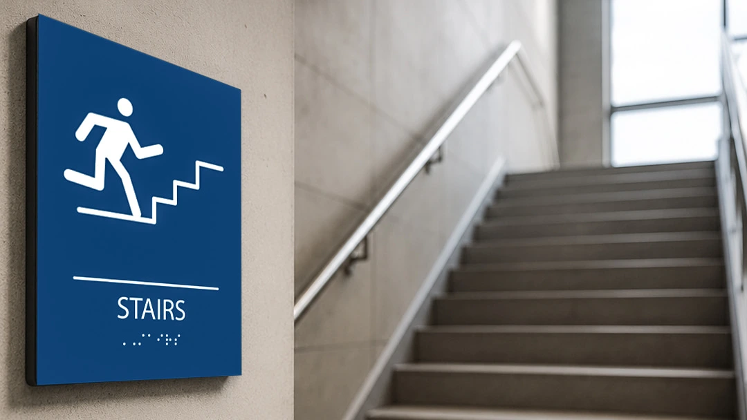 ADA stairwell identification sign with tactile lettering and Braille installed near building staircase