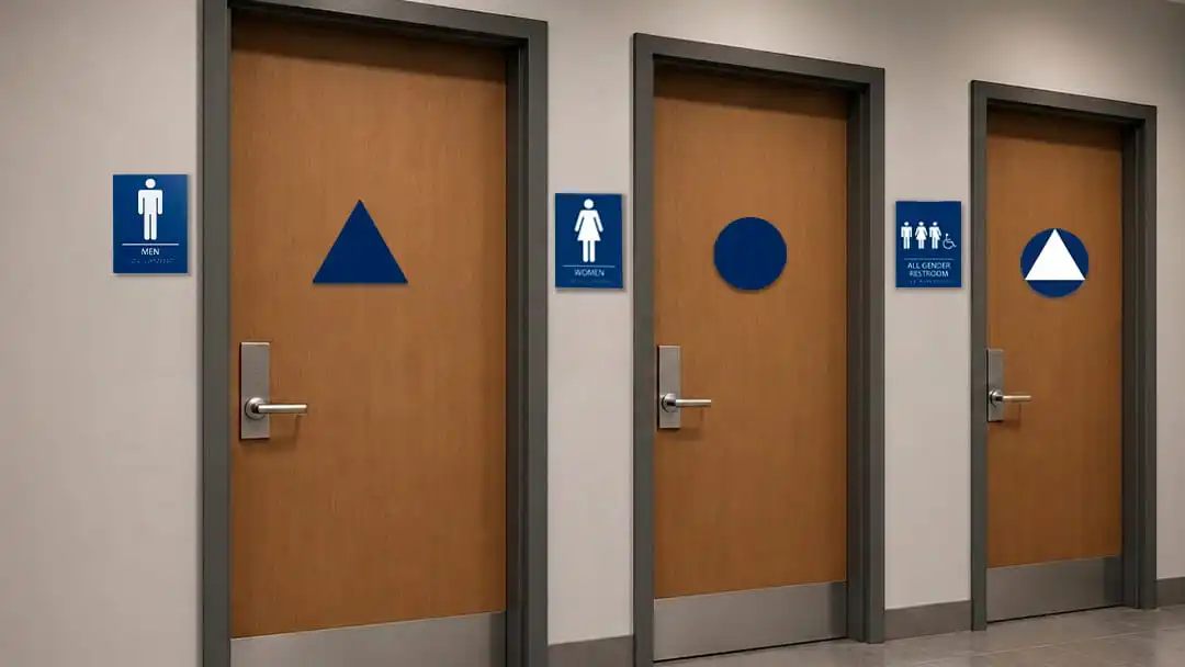 California ADA restroom geometric signs showing men's, women's, and unisex restroom identification symbols